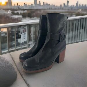 Kork-Ease Black Ankle Boots with Brown Heel